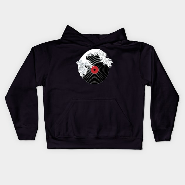 Dramabite The Great Wave of Music DJ Vinyl Record Turntable Kids Hoodie by dramabite